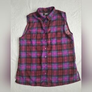 Vintage Chequered Short Sleeve Button-up Burgundy Purple Women's Blouse SIZE S
